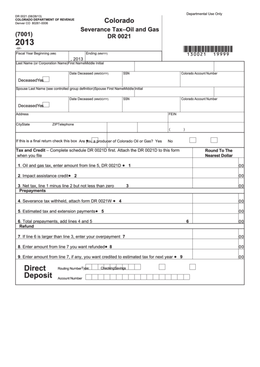 Form Dr 0021 - Colorado Severance Tax - Oil And Gas - 2013 Printable pdf
