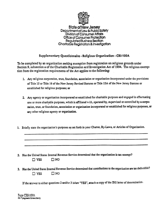 Form Cri-100a - Supp;ementary Questionaire - Religious Organization Printable pdf