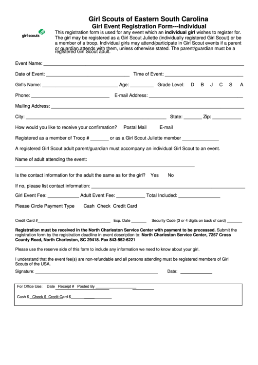 Girl Event Registration Form Individual - Girl Scouts Of Eastern South Carolina Printable pdf