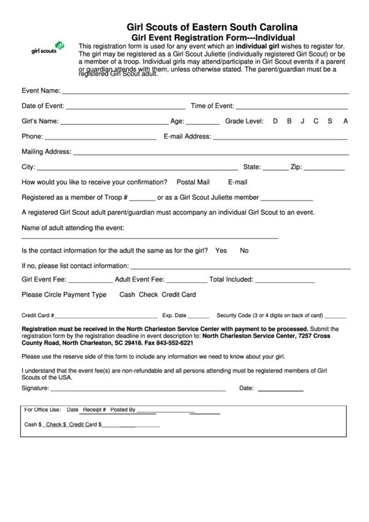 Girl Event Registration Form Individual Girl Scouts Of Eastern South Carolina Printable Pdf