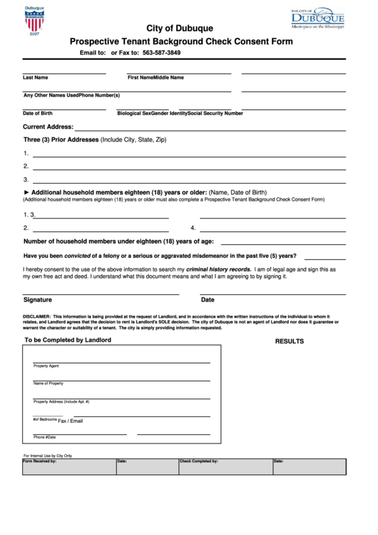 Prospective Tenant Background Check Consent Form - City Of Dubuque Printable pdf