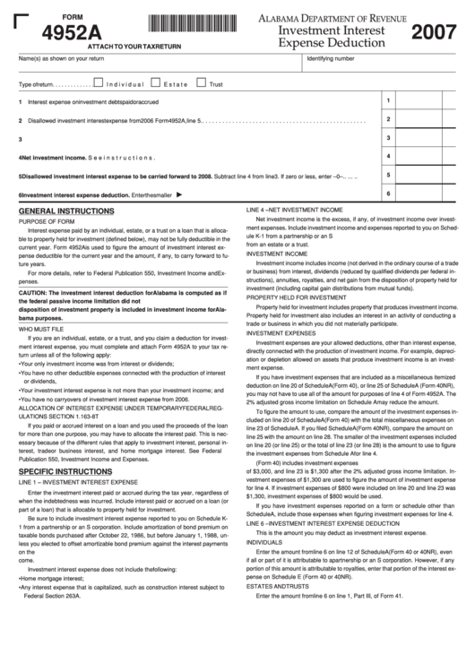 Form 4952a - Investment Interest Expense Deduction - 2007 Printable pdf