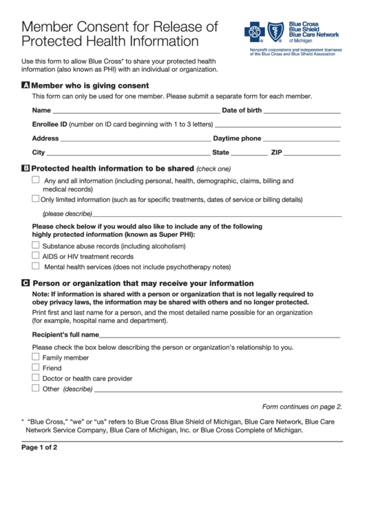 Fillable Member Consent For Release Of Protected Health Information Printable pdf