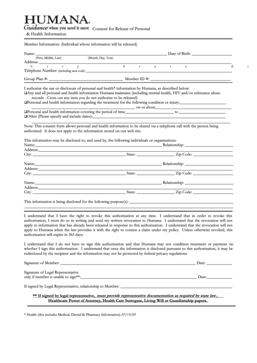 Consent For Release Of Personal & Health Information Printable pdf