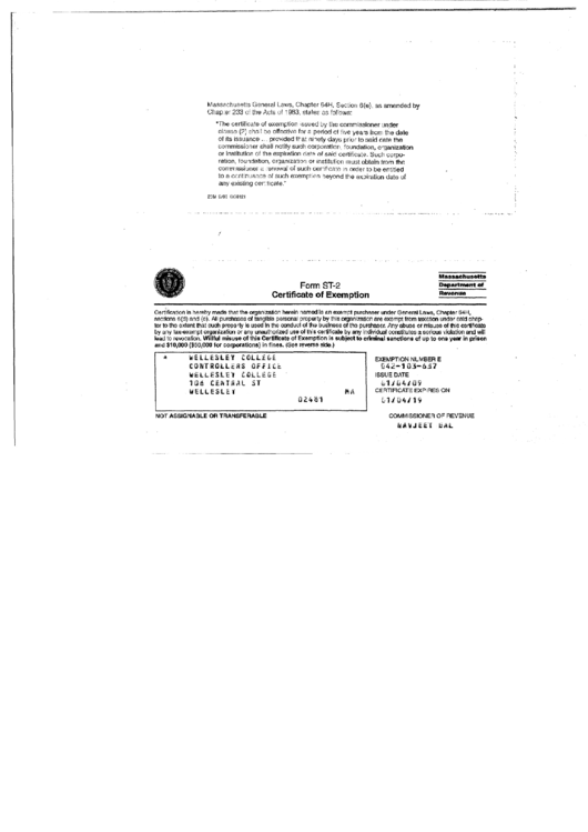 Form St-5 - Sales Tax Exempt Purchaser Certificate Filing Example - Massachusetts Department Of Revenue Printable pdf