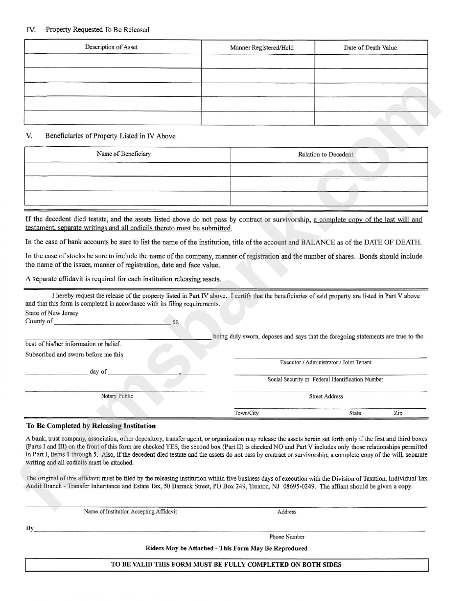 Form L-8 - Affidavit And Self-Executing Waiver - New Jersey Department Of Treasury
