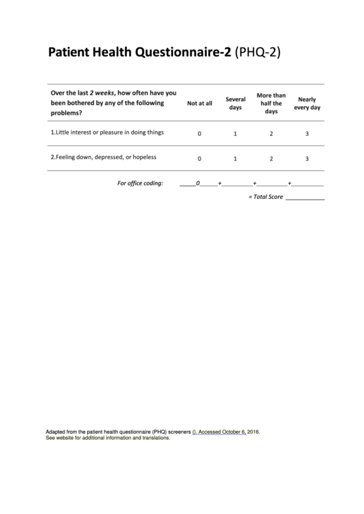Form Phq-2 - Patient Health Questionnaire-2