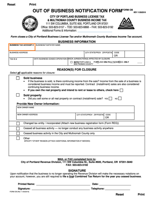 Fillable Form Ob - Out Of Business Notification Form - City Of Portland Business License Tax Printable pdf
