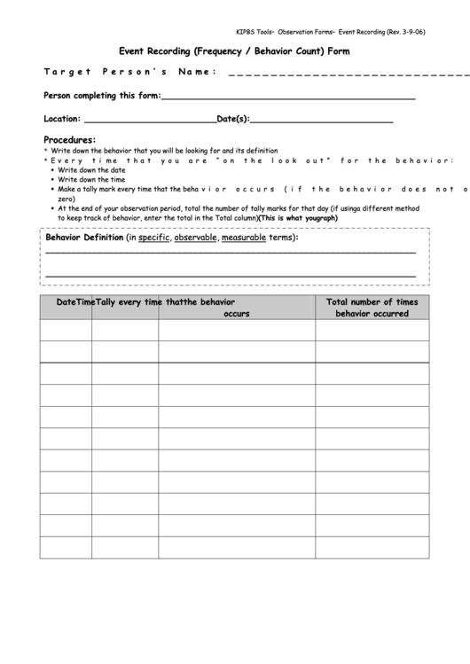 Event Recording (frequency / Behavior Count) Form