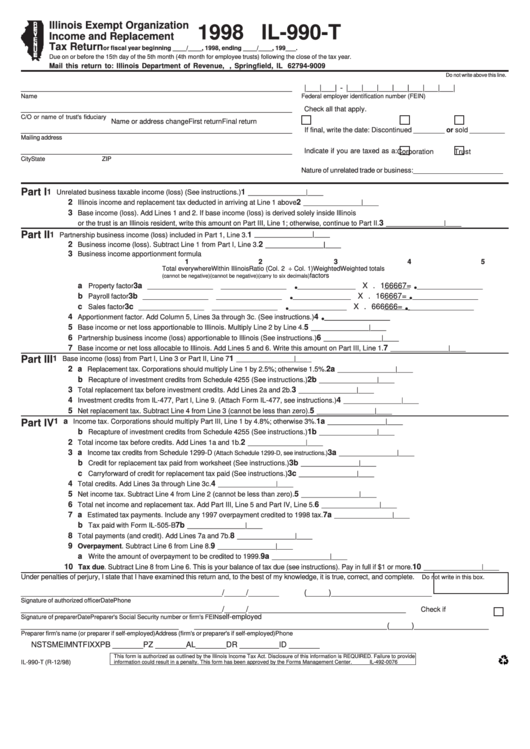 Fillable Form Il-990-T - Illinois Exempt Organization Income And Replacement Tax Return - 1998 Printable pdf