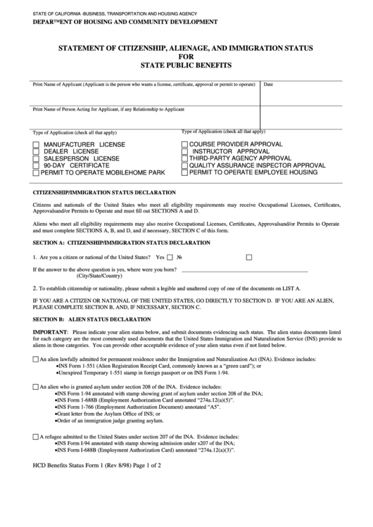 Fillable Hcd Benefits Status Form 1 - Statement Of Citizenship, Alienage, And Immigration Status For State Public Benefits Printable pdf