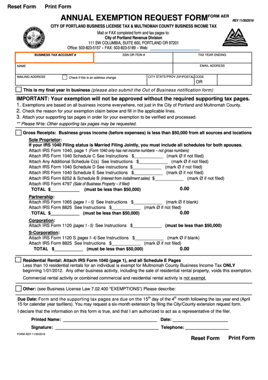 Fillable Form Aer - Annual Exemption Request Form Printable pdf