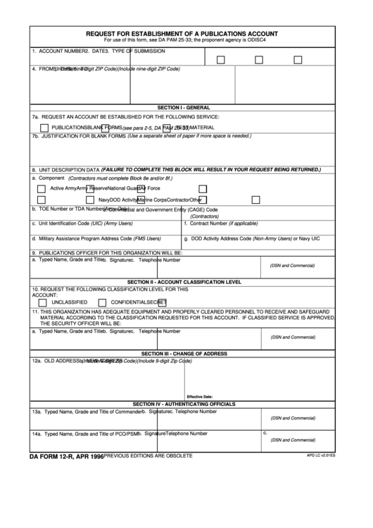 Fillable Da Form 12-R - Request For Establishment Of A Publications Account Printable pdf