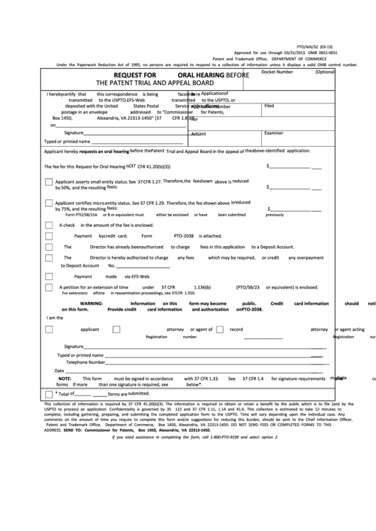 Fillable Form Pro/aia/32 - Request For Oral Hearing Before The Patent Trial And Appeal Board Printable pdf