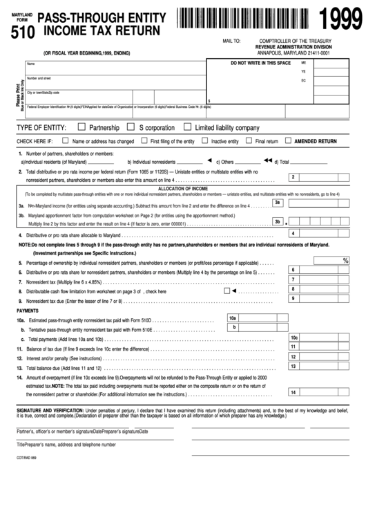 Form 510 - Pass-Through Entity Income Tax Return - 1999 Printable pdf
