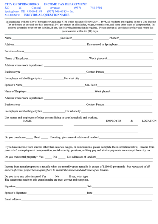 Individual Questionnaire - City Of Springboro, Ohio Printable pdf