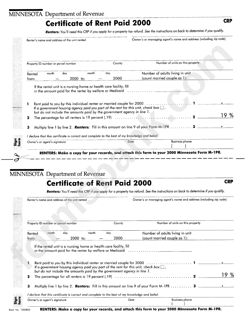 Form Crp Certificate Of Rent Paid 2000 printable pdf download