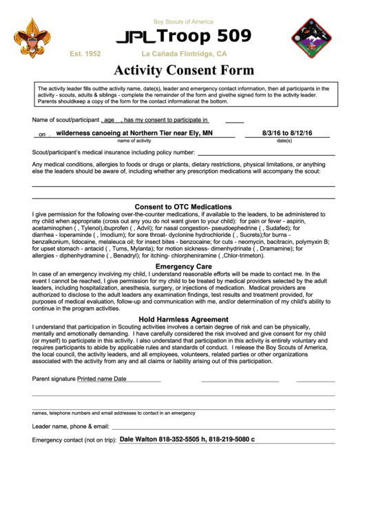 Fillable Activity Consent Form - Boy Scouts Of America Printable pdf