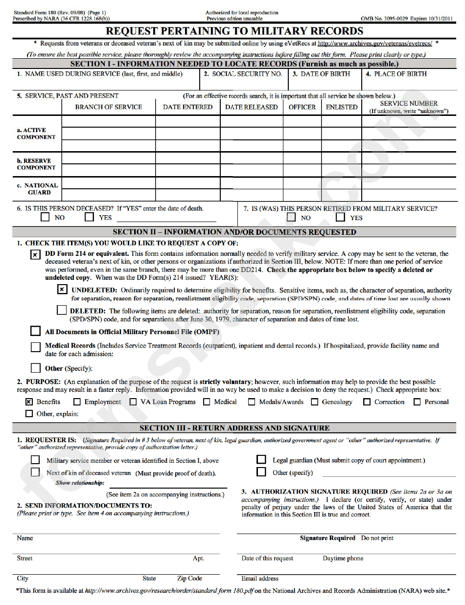 Form 180 - Request Pertaining To Military Records