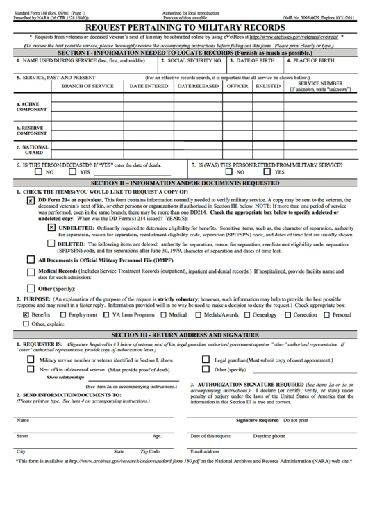 Form 180 - Request Pertaining To Military Records Printable pdf