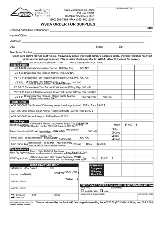 Form 402-3028 - Wsda Order For Supplies Printable pdf