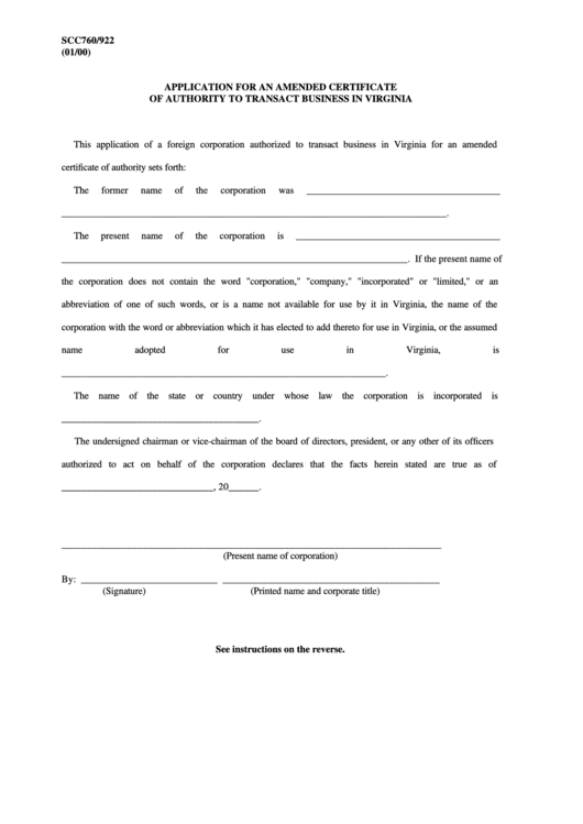 Form Scc760/922 - Application For An Amended Certificate Of Authority To Transact Business In Virginia - 2000 Printable pdf