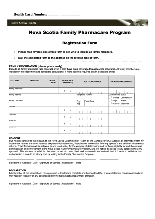 Nova Scotia Family Pharmacare Program Registration Form Printable pdf