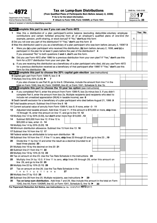 Fillable Form 4972 - Tax On Lump-Sum Distributions - 2017 Printable pdf