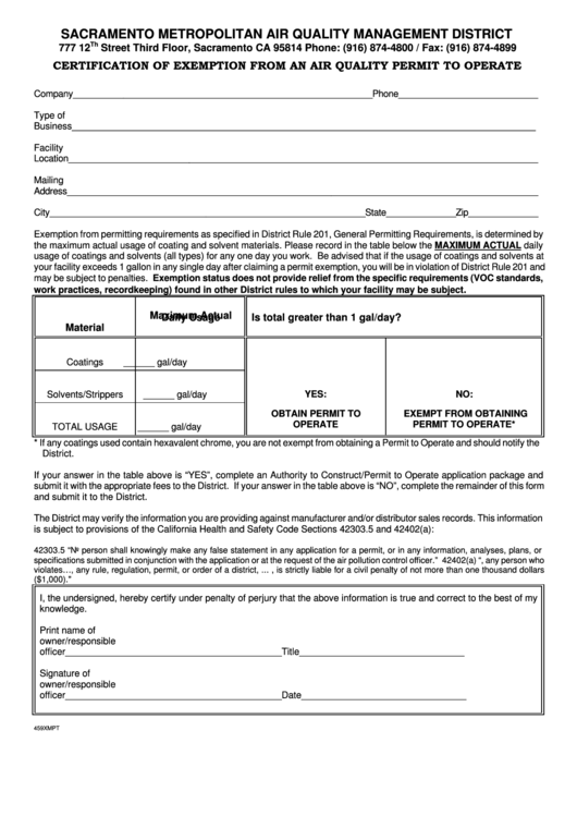 Form 459xmpt - Certification Of Exemption From An Air Quality Permit To Operate - Sacramento Metropolitan Air Quality Management District Printable pdf
