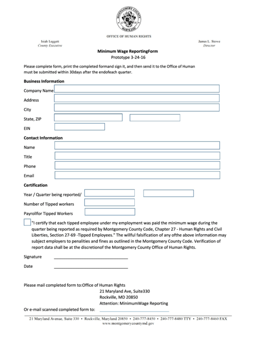 Fillable Minimum Wage Reporting Form - Office Of Human Rights - Montgomery County Printable pdf