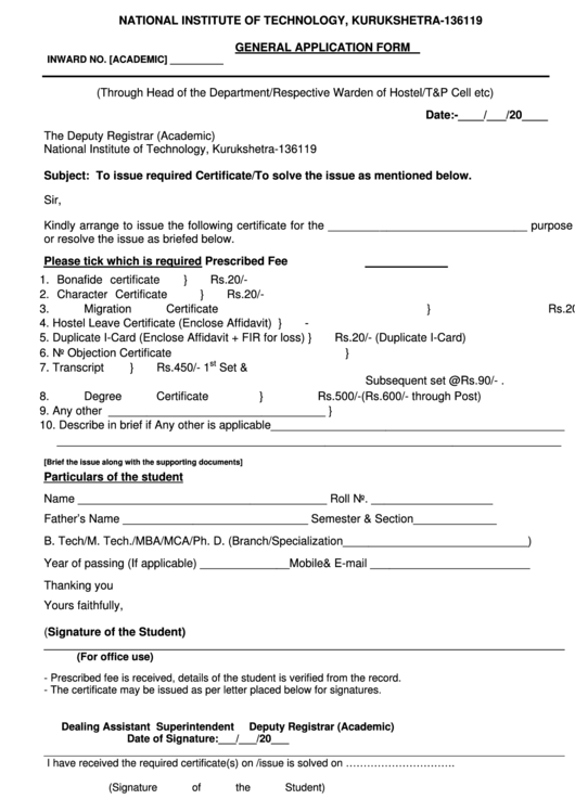 General Application Form - Nit Kurukshetra Printable pdf