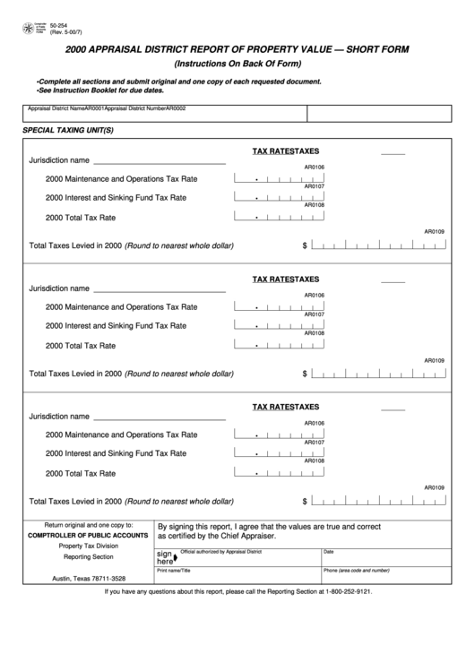 Form 50-254 - 2000 Appraisal District Report Of Property Value - Short Form - Tx Comptroller Of Public Accounts Printable pdf