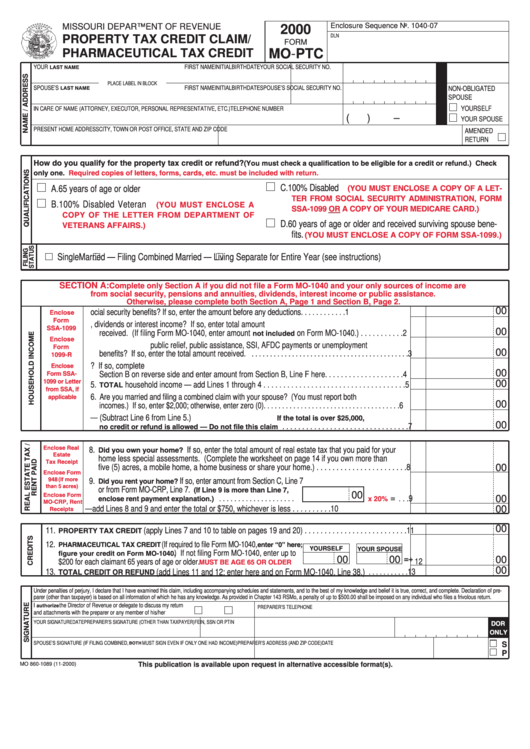 Form Mo-Ptc - Property Tax Credit Claim/ Pharmaceutical Tax Credit - 2000 Printable pdf
