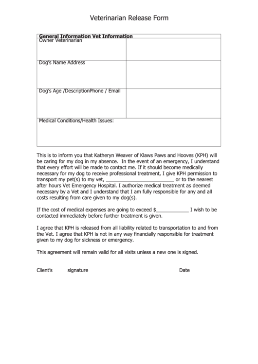 Veterinarian Release Form - Klaws Paws And Hooves (Kph) Printable pdf