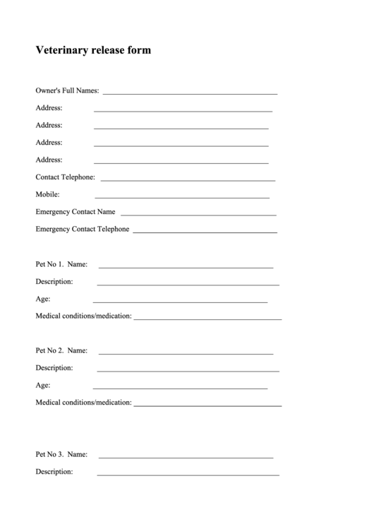 Veterinary Release Form Printable pdf