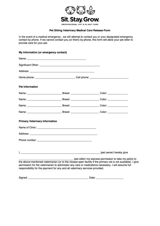 Pet Sitting Veterinary Medical Care Release Form Printable pdf