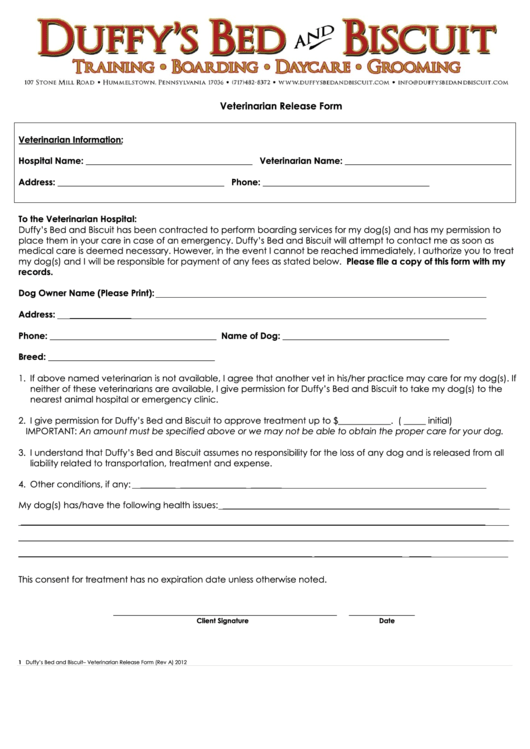 Veterinarian Release Form - Duffy's Bed And Biscuit
