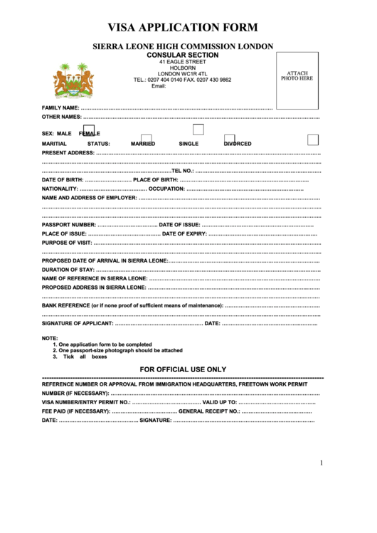 Visa Application Form - Sierra Leone High Commission London Printable pdf