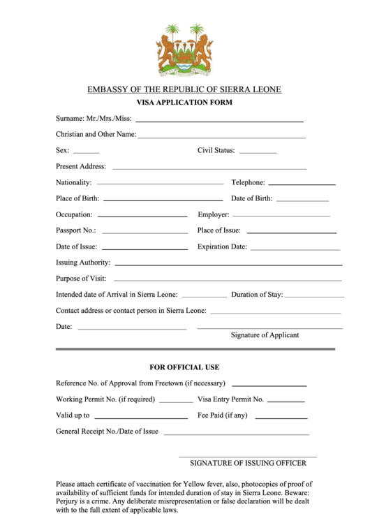 Fillable Visa Application Form - Embassy Of The Republic Of Sierra Leone Printable pdf