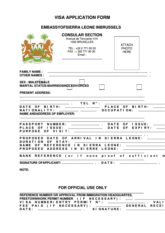 Visa Application Form - Embassy Of Sierra Leone In Brussels Printable pdf