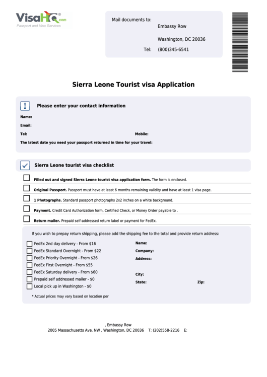 Fillable Sierra Leone Tourist Visa Application Printable pdf