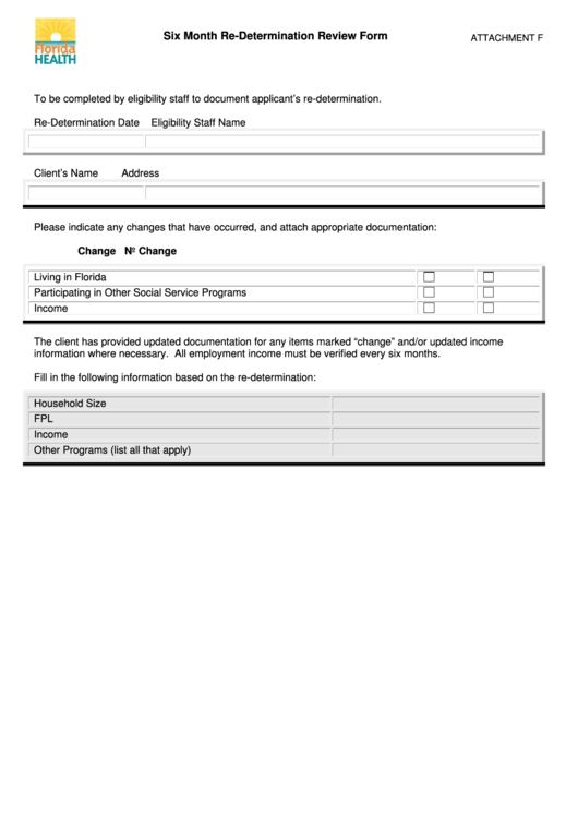 Attachment F - Six Month Re-Determination Review Form - Florida Health Printable pdf