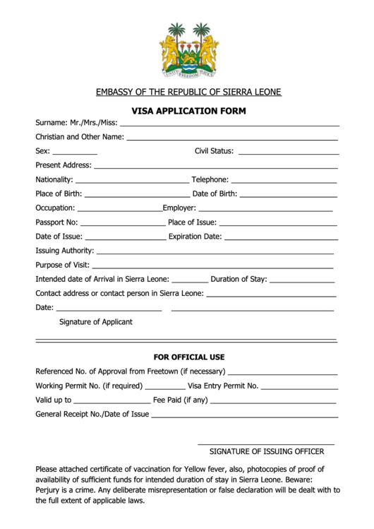 Visa Application Form - Embassy Of The Republic Of Sierra Leone Printable pdf