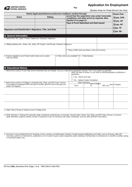 Ps Form 2591 - Application For Employment The U.s. Postal Service Is An Equal Opportunity Employer (Shaded Areas For Postal Service Use Only) Printable pdf