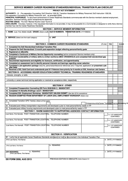 Dd Form 2958 - Service Member Career Readiness Standards/individual Transition Plan Checklist Printable pdf