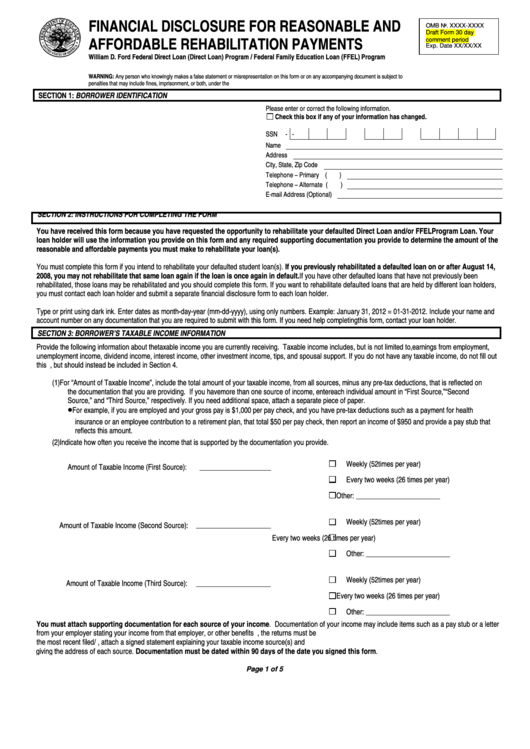 Financial Disclosure For Reasonable And Affordable Rehabilitation Payments Form - U.s. Department Of Education Printable pdf