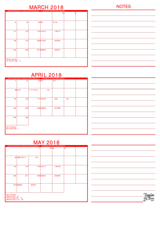 Three Month 2018 Calendar Template Printable pdf