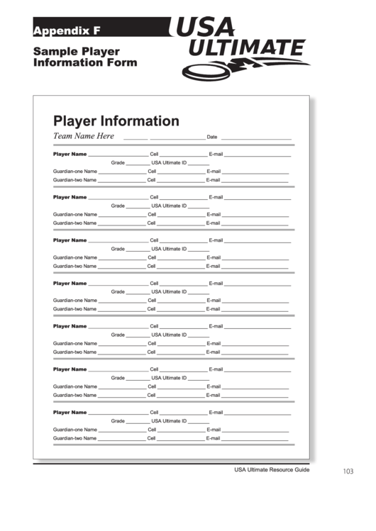 Player Information Form Printable pdf
