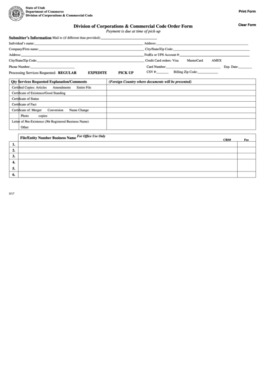 Fillable Division Of Corporations & Commercial Code Order Form - 2017 Printable pdf