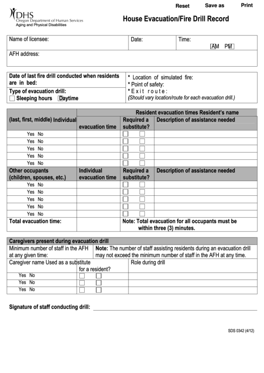 Fillable Form Sds 0342 - House Evacuation/fire Drill Record Printable pdf